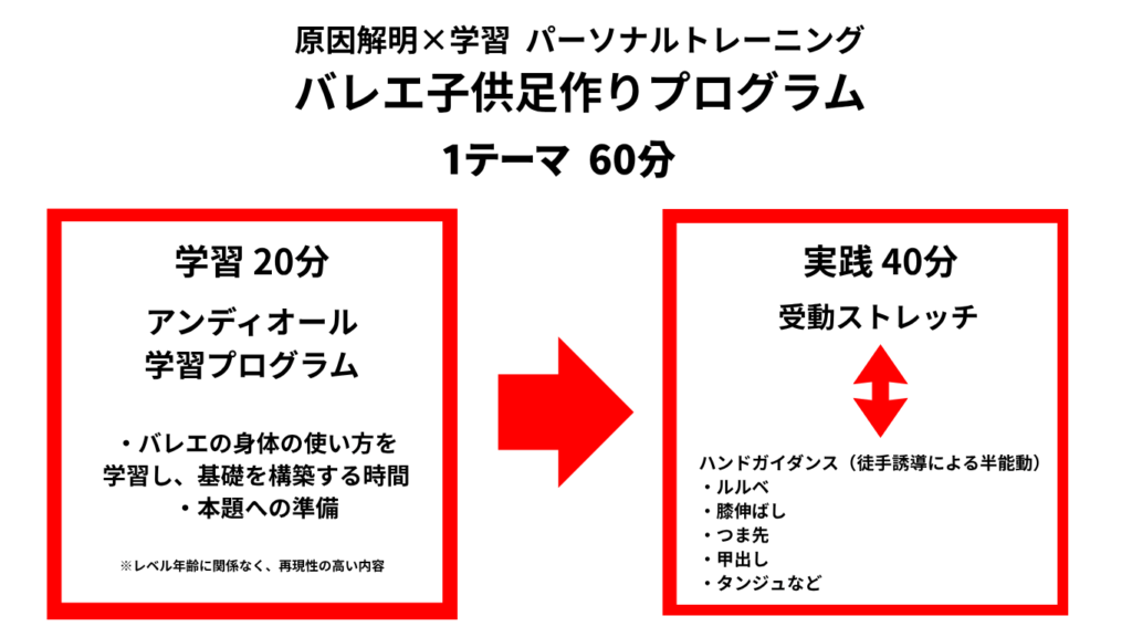 原因と目標に基づき、施術・施術ストレッチを行います。
つま先・甲・膝関節・股関節の骨の位置を整える施術
つま先・甲出し・膝伸ばし施術ストレッチ
骨格・関節の位置をReposition®施術で整え可動性の条件を引き出してから、
施術ストレッチで、骨格・関節の形づくりを行います。
つま先の伸ばし方

甲の出し方
膝の伸ばし方
タンジュ・デガジェなど基本的な足の使い方の細部