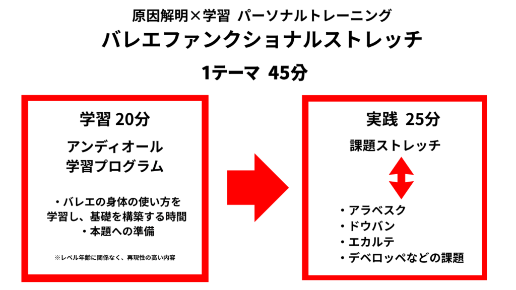 原因と目標が明確になったうえで、
バレエファンクショナルストレッチ・パーソナルトレーニングを開始します。
などを組み合わせながら、

“使う前提”で柔軟性をつくります。
また、必要に応じて機能解剖学的な説明を行い、
理解しながら実践してい
その場で「バレエ動作と形」（再現）映像チェック

その場で再動作（再現）

ストレッチ後、すぐに「バレエ動作と形」を確認します。
「さっきより上がる」
「安定する」
「軽くなる」
感覚を確認しながら、「バレエ動作と形」を修