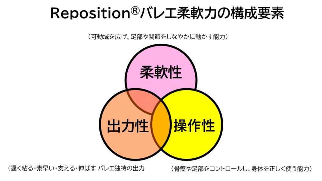 バレエ柔軟力とは、柔軟性・出力性・操作性の3つからなる。柔軟性とは、バレエで使う足部や各関節、筋腱の組織柔軟性、操作性とは、足部や骨盤などの首相操作。出力性とは、バレエ特有の出力様式